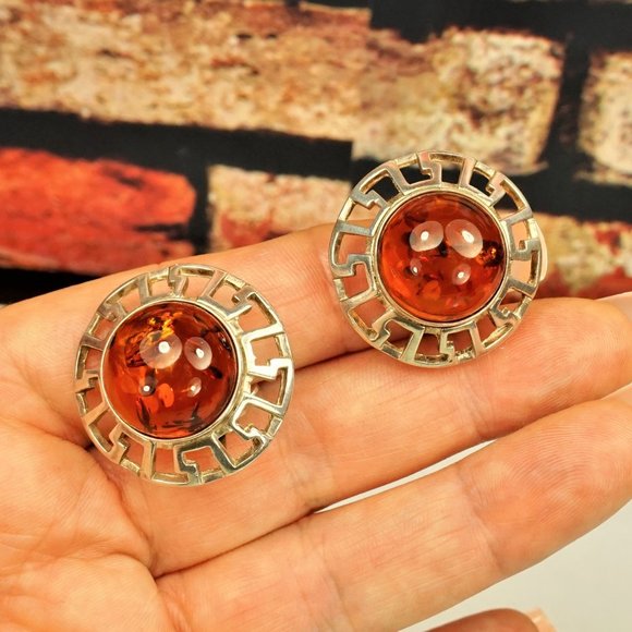 LARGE BALTIC AMBER CABOCHONS 925 SILVER CLIP ON ROUND EARRINGS, GIFT FOR WOMEN - Picture 2 of 9